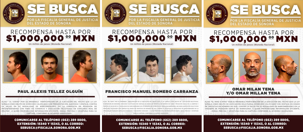 FGJES ofrece hasta 1 millón de pesos de recompensa por información para capturar a tres evadidos del CERESO 2 de Hermosillo