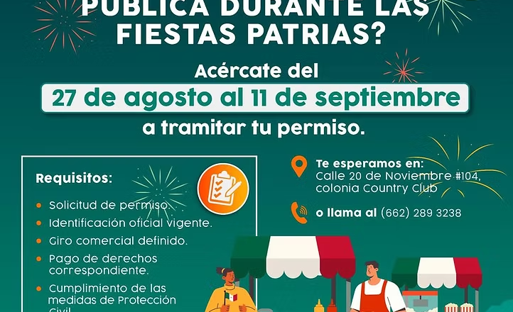 Invita Gobierno de Hermosillo a comerciantes a tramitar permiso para vender durante las Fiestas Patrias