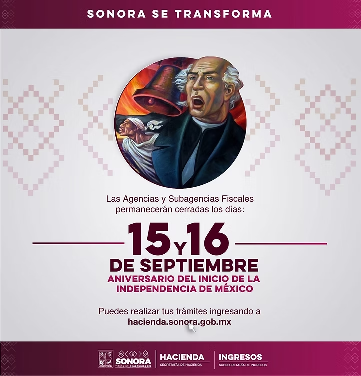 Gobierno de Sonora informa suspensión de actividades en agencias fiscales